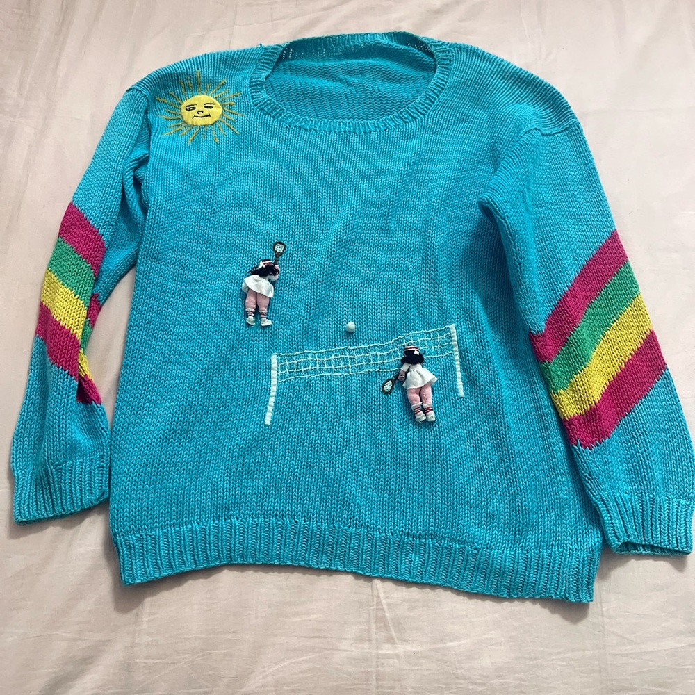 Vintage Blue Tennis Sweater with Colorful Stripes